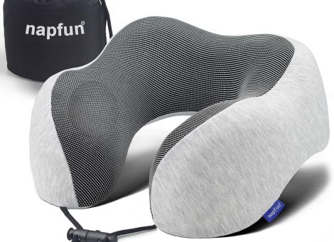 napfun Neck Pillow for Traveling, Upgraded Travel Neck Pillow for Airplane 100% Pure Memory Foam Travel Pillow for Flight Headrest Sleep, Portable Plane Accessories, Light Grey